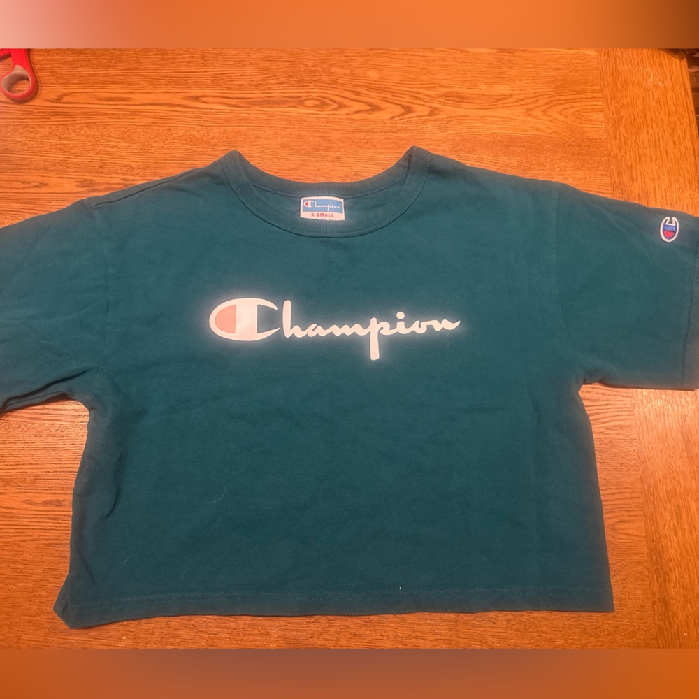 Champion Boxy Crop Logo Tee, Teal, Size XS Oversized